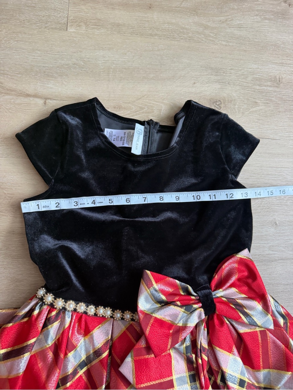 Bonnie Jean Black Velvet And Red Plaid Dress Size 14 Holiday Party - Picture 3 of 7